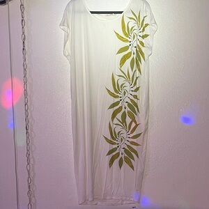 Tano White Maxi Dress with Green Leaf Design